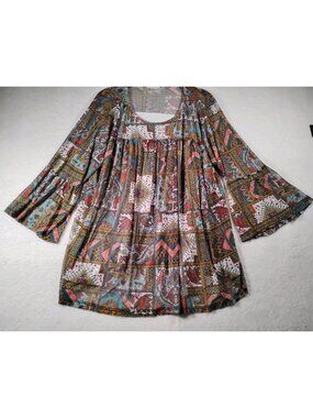 Vtg  Bobbie Brooks Womens Blouse Patchwork Print Boho Smocked Flared Sleeve 3X